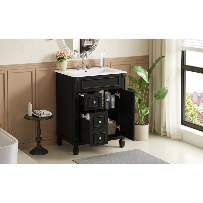 Meuble-lavabo 24 po avec lavabo en céramique, petite armoire de salle de bain moderne, 2 tiroirs et tablette réglable, Noir