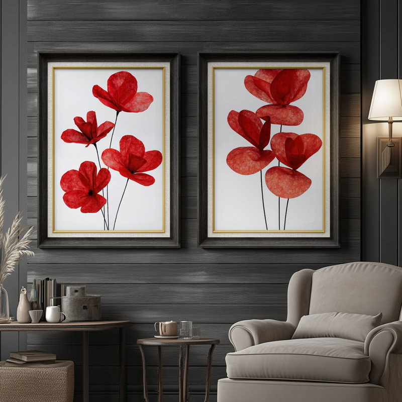 «Red Botanical Floral», ensemble de 2 reproductions d'art encadrées sur papier 26 po x 36 po, Noir