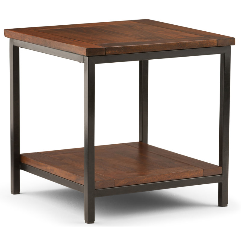 Skyler 22" Square Industrial End Table with Shelf in Dark Cognac Brown
