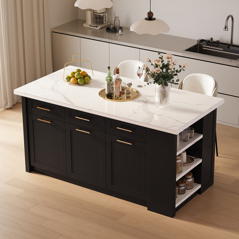 Îlots de cuisine 72 po avec rangement de style moderne 72 po, Noir, Pierre frittée