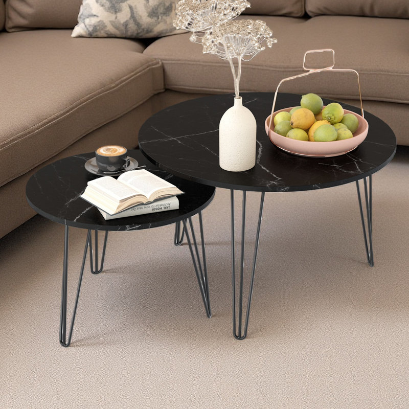 Ensemble de 2 tables basses gigognes rondes de 27,56 po, ensemble de tables de bout gigognes circulaires, plateau de table rond en bois et base en métal robuste pour le salon et la chambre à coucher