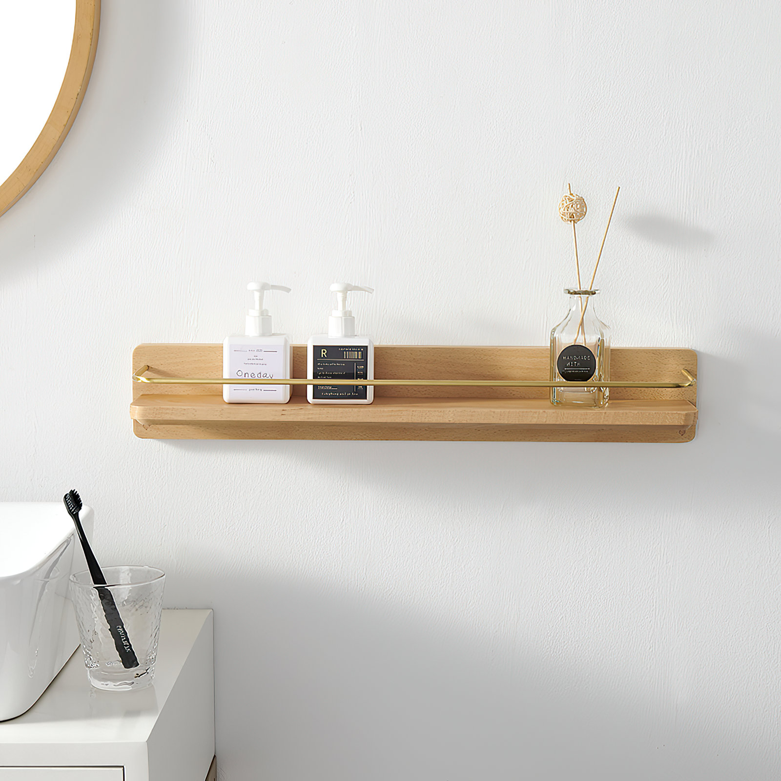 Dandre Modern Brass Wooden Shelf, 3.2" H x 16" W x 5.6" D, Natural