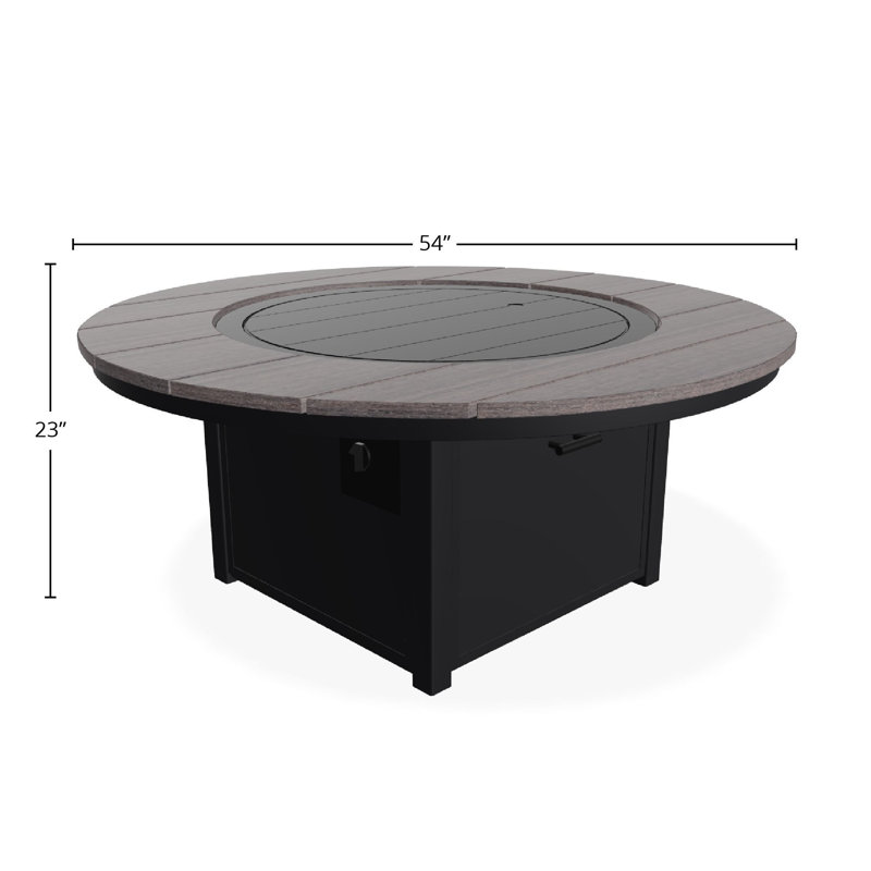 54" Round Rustic Polymer Fire Table with Propane Shelf, Black/Boardwalk