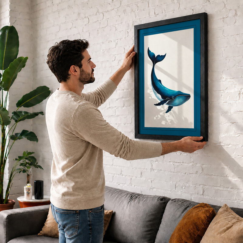 Drifting Whale Coastal - Framed Print, A2 - 59.4 x 42.0 cm, Walnut