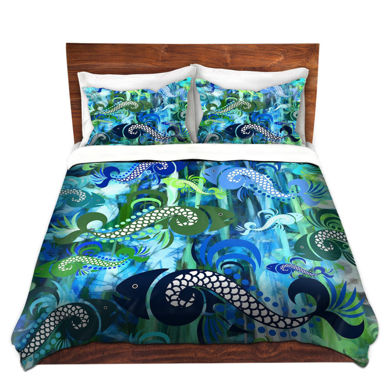 Ensemble de housse de couette Pleasant Of Fish In The Sea I, 1 housse de couette grand + 2 taies standards, Bleu / vert