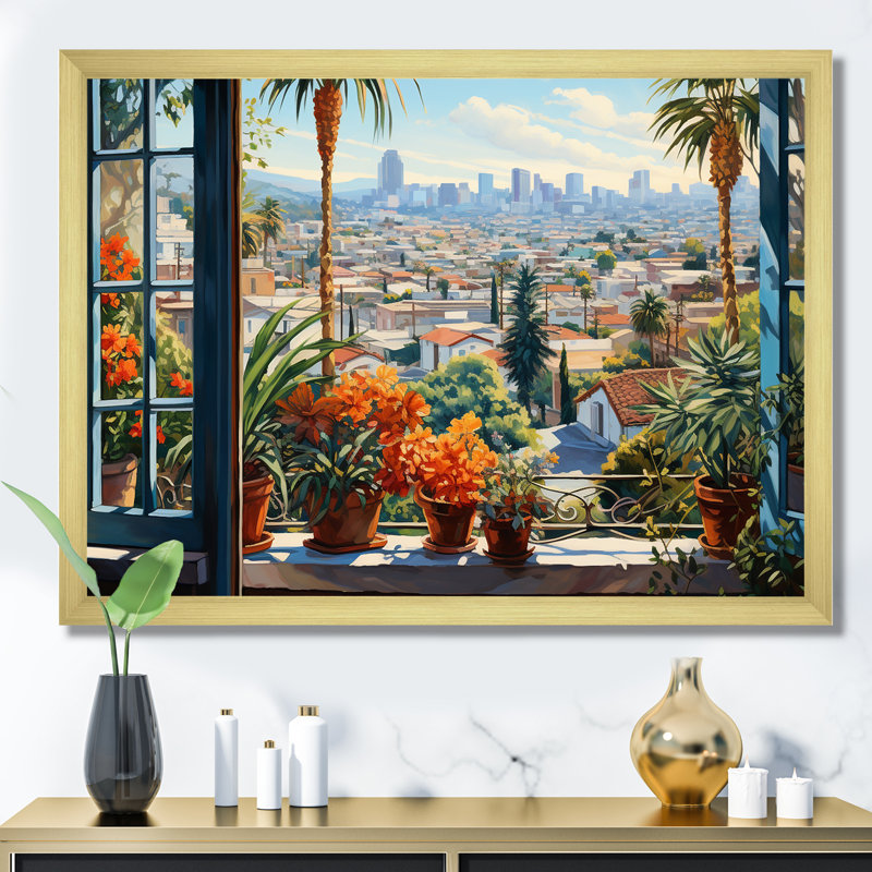 Los Angeles Window View 5 - Los Angeles, art mural, Cadre d'angle fermé doré, H 32 po x l 24 po x P 1 po