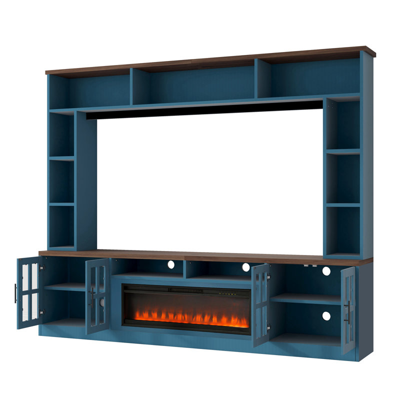 95" W Wall Unit Entertainment Center with Electric Fireplace & Bookshelves for TVs up to 80", Navy Blue, Yes