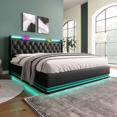 Upholstered Bed Featuring 360 Led, Hydraulic Storage, -c, With Innovative Type-c,
