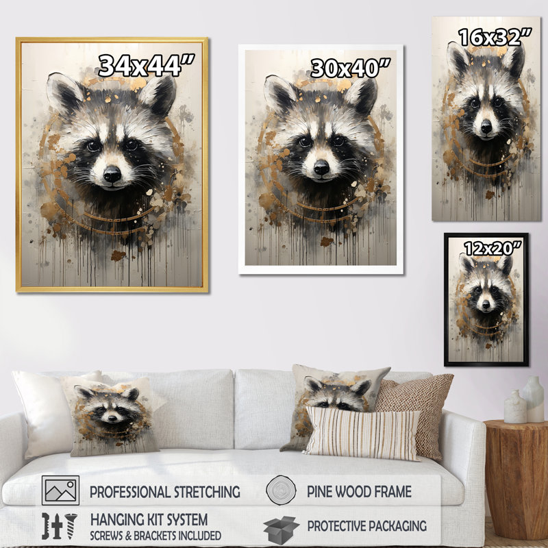 Portrait d'un raton laveur mischief sur toile, Cadre photo noir, H 44 po x l 34 po x P 1,5 po