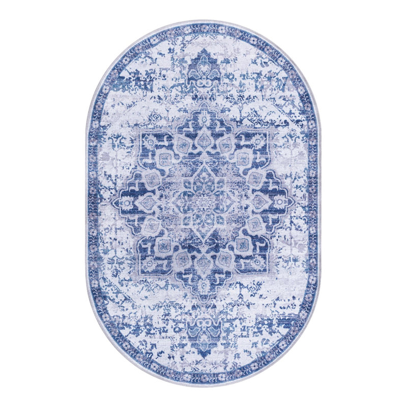 Matsumura Oriental Gray/Blue Area Rug, Oval 3'11" x 6'1"