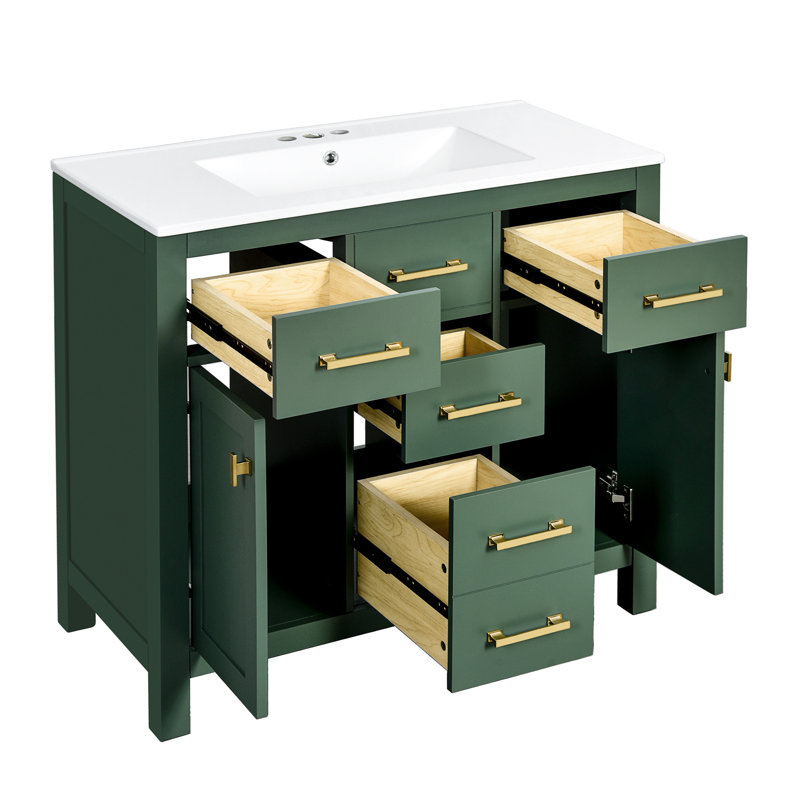 Meuble-lavabo moderne de 36 po, lavabo en céramique, 4 tiroirs, 2 armoires à shaker traditionnelles, trois portes pré-percées, lavabo à fermeture en douceur de 36 po, tiroirs pour articles, facile à installer