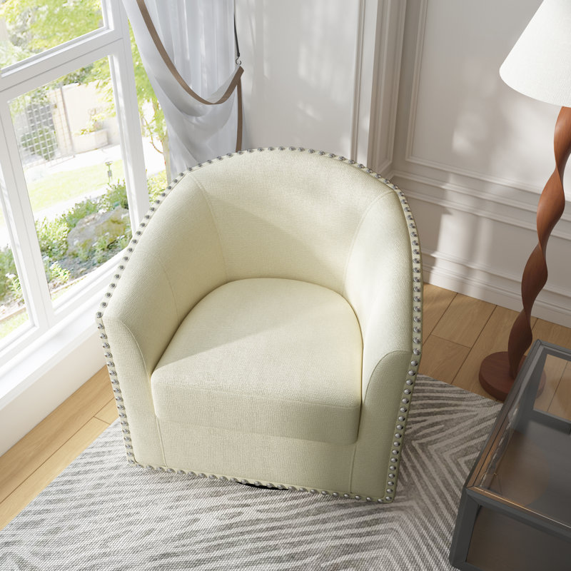 Yamber Upholstered Swivel Barrel Chair, White Polyester