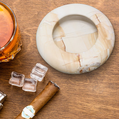 8-inch Polished Teak Wood Marble Ashtray – Handcrafted Natural Stone Home Décor