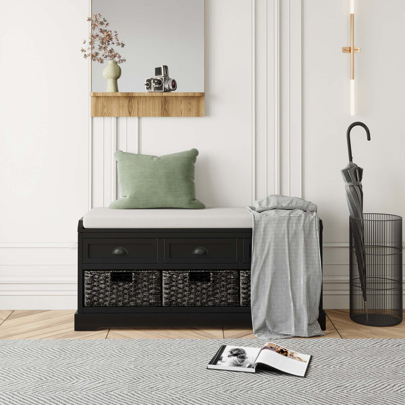 Gokey Linen Blend Upholstered Storage Bench, Black