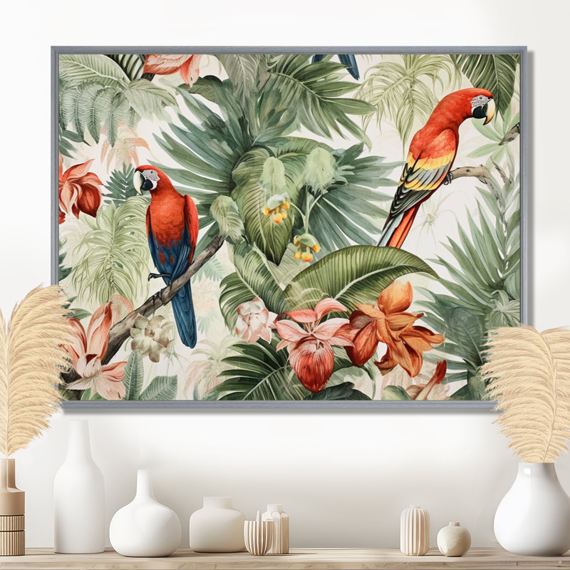 Perroquet au paradis I - art mural perroquet, H 24 po x l 32 po x P 1 po, Silver Floater Framed