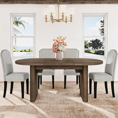 Ensemble de table de salle à manger de style campagnard ovale de 63 pouces avec chaises rembourrées en faux lin, table en placage de bois aggloméré pour la salle à manger et la cuisine