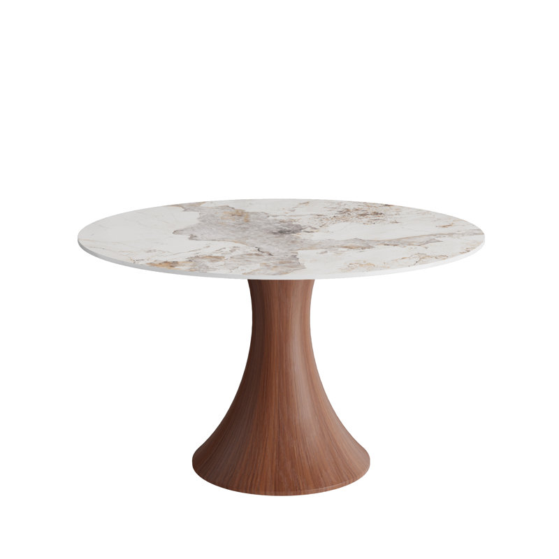 Mid-Century Modern Round Dining Table For 2-4 Stone Tabletop Solid Wood Pedestal Base, Colorful, 29.64" H x 43.3" W x 43.3" D