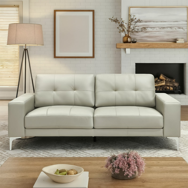 Korbin 78.9" Genuine Leather Square Arm 3-Seater Sofa with Tufted Back, Beige