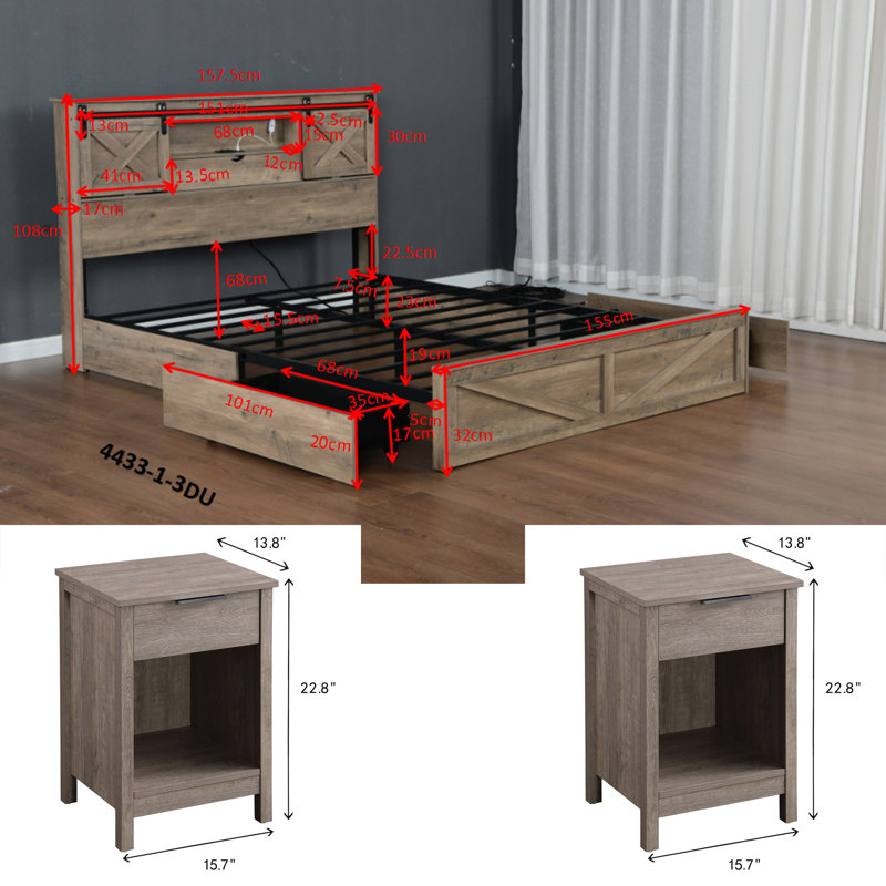3-Pieces Bedroom Sets ,Farmhouse Bed Frame  With LED Lights And Charging Station,Nightstands Set Of 2 With Drawer