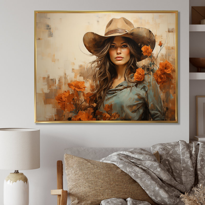 Western West Floral Wild Cow Gril de Westerna - art mural occidental, Cadre flottant doré, H 24 po x l 32 po x P 1 po