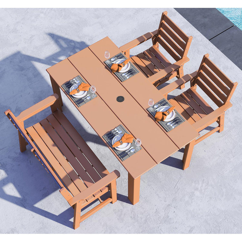 Table de patio en PEHD + chaises de salle à manger + banc, Gris, 4 pièces: table, 2 chaises, banc