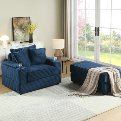 Velours côtelé bleu 1 avec 2 coussins décoratifs et canapé profond pour le confort du salon, tissu luxueux doux, ressorts stables, conception ergonomique réfléchie, processus d'assemblage