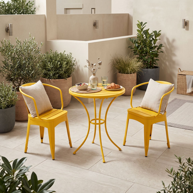 3-Piece Outdoor Bistro Set with Two Armchairs and Round Slatted Table, Yellow