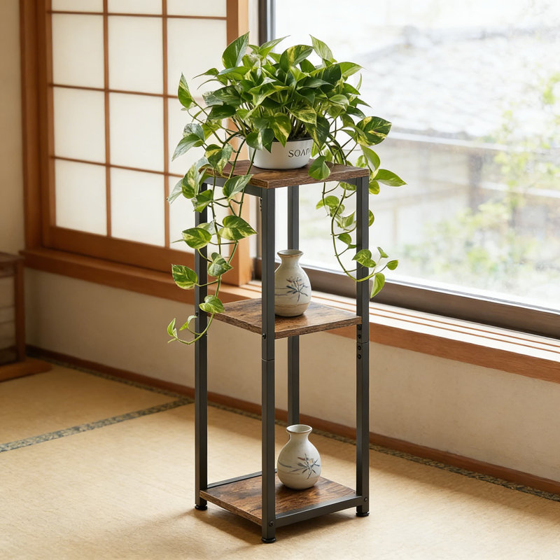 Support à plantes à 3 niveaux pour plantes d'intérieur, tablette d'angle de 32,5 pouces avec table d'appoint multifonctionnelle, présentoir en bois et en métal peu encombrant pour la décoration intérieure