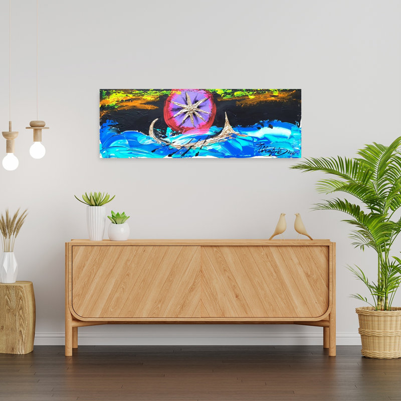 Golden Boat Under Star 1 Piece Wrapped Canvas Panoramic Wall Art, 30.48 cm H x 91.44 cm W