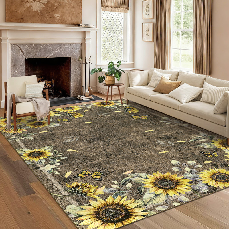 Sun flower Floral Machine Washable Rug Soft Non Slip Low Pile Foldable Thin Carpet for Living Room Bedroom Nursery Kids Room