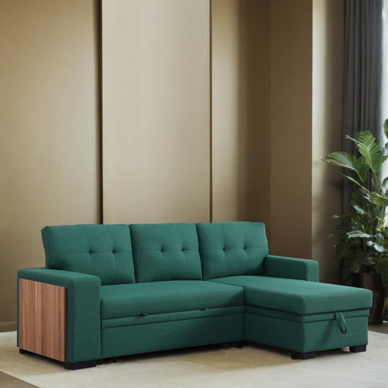 3 - Piece Upholstered Pull Out Sectional Sleeper Sofa With Storage Chaise, Green Linen Blend