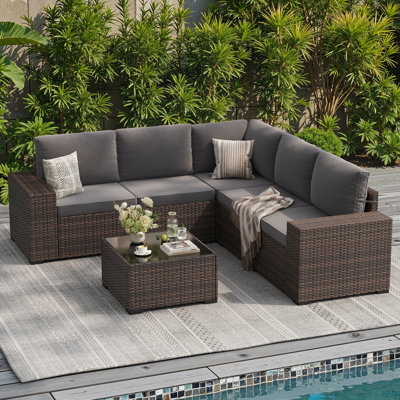 6 Piece Wide Armrest Outdoor Sectional Sofa Set With Cushions For 5 Person