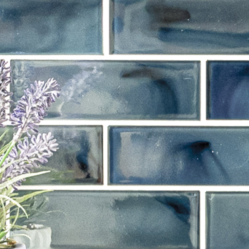 Carreau de mosaïque murale en verre brillant 12 po x 12 po Midnight Tide Subway