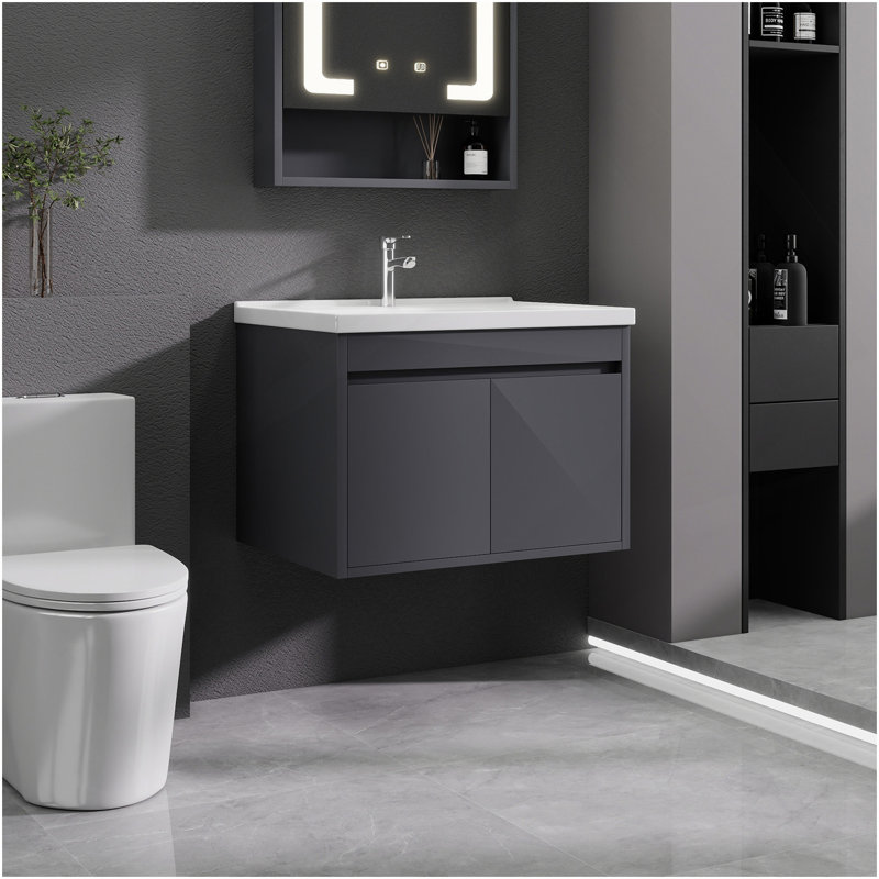 Meuble-lavabo 24 po avec lavabo en céramique et porte d'armoire à fermeture en douceur, fixation murale flottante, bonde escamotable, siphon inclus, gris (sans robinet)
