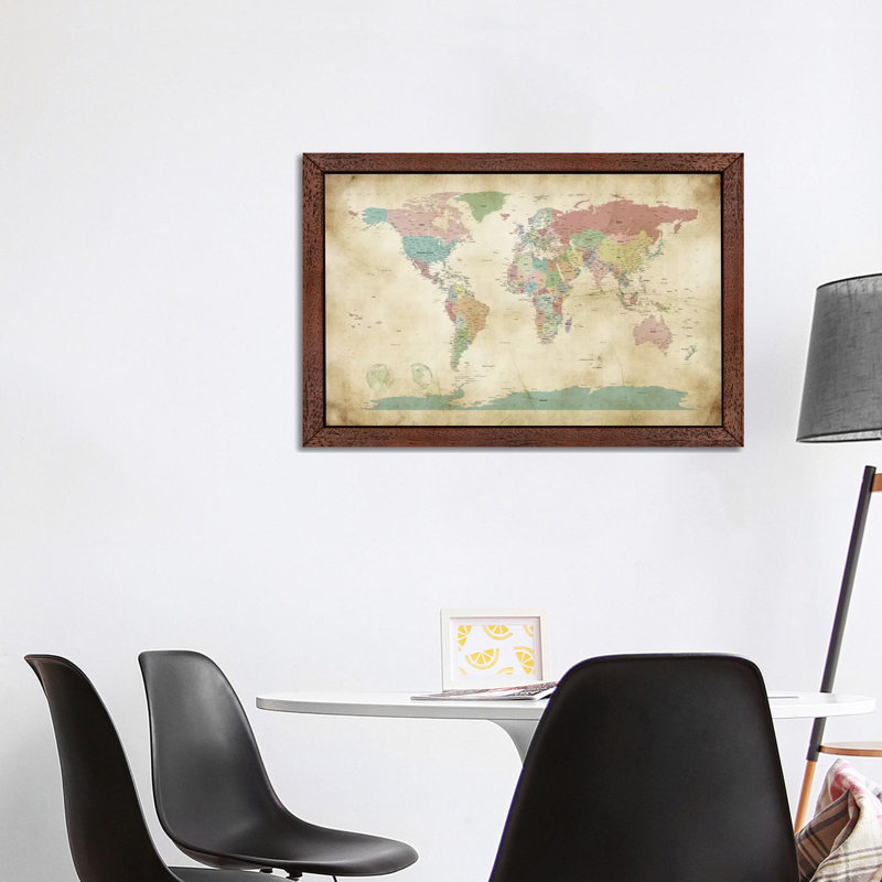 World Cities Map by Michael Tompsett - 1 Piece Wall Art on Canvas, 101.6 cm H x 66.04 cm W, Brown Framed