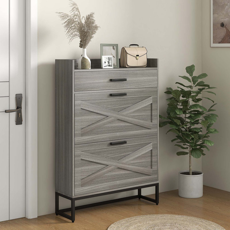 Narrow Shoe Cabinet, Industrial Shoe Storage Cabinet With 2 Flip Drawers,Adjustable Shelves, And Top Drawer,Entryway Hidden Shoe Storage For 12 Pairs Of Shoes
