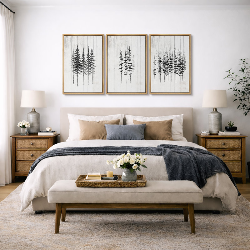 "Minimal Botanical", illustration de pins noirs et blancs, photos de bois de ferme rustique moderne, impression encadrée sur toile giclée, 3 pièces "16" x 24 "x 3 pièces, 24" x 36 "x 3 pièces