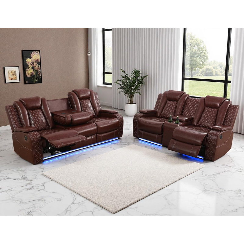 Ensemble de salon en cuir avec bras de rangement inclinable électrique à DEL avec 2 lumières de lecture Lodie, Red