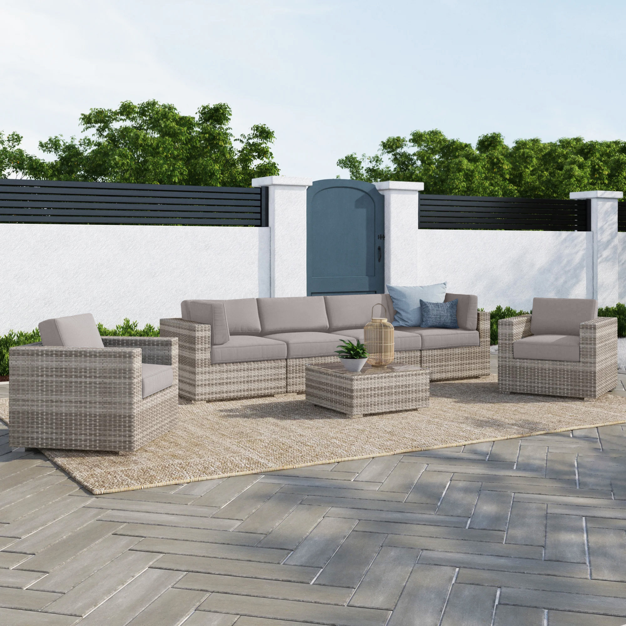 Tarin Rattan Wicker Fully Assembled 6 - Person Seating Group with Cushions, Olefin Gray