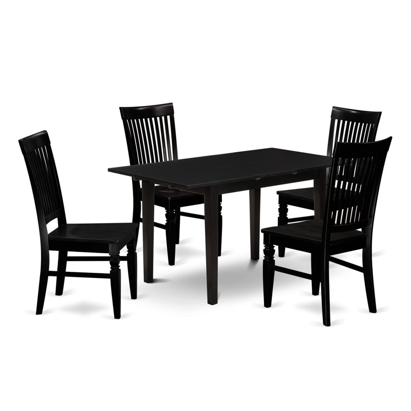 Ensemble de 5 pièces pour 5 pièces comprenant une table de salle à manger rectangulaire avec rallonge papillon et 4 chaises de cuisine, 32 po x 54 po, noir