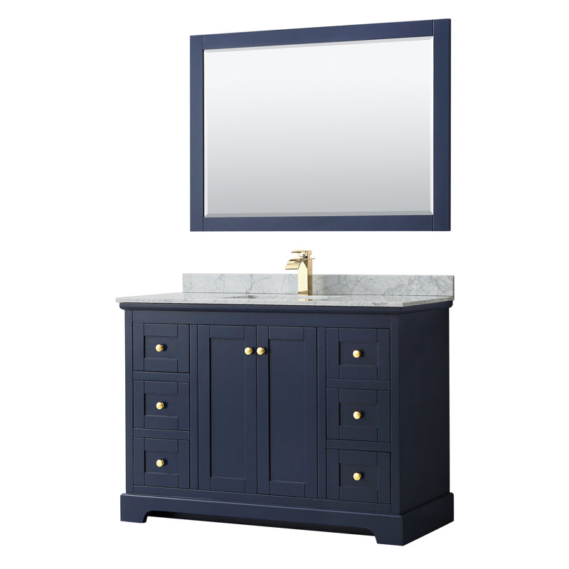 Avery 48'' Single Bathroom Vanity with Stone Top with Mirror, Dark Blue, Brushed Gold