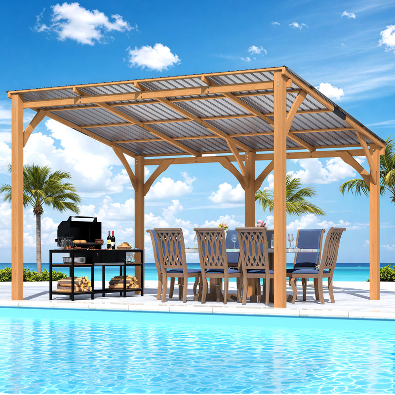 3X3M Outdoor Cedar Lean To Hardtop Pergolas And Gazebos Clearance, 245cm H x 362cm W x 282cm D