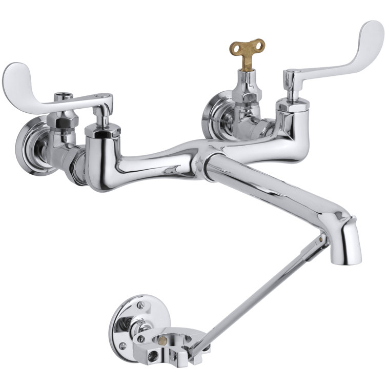 Double Wristblade Lever Handle Service Sink Faucet with Loose-Key Stops and Spout with Bottom Wall Brace