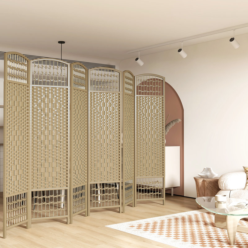 Paravent pliable 6 panneaux, 5,6 pi, écran d'intimité en fibre ondulée, bois naturel relaxant pour chambre à coucher, salon, cloison de bureau personnel, espace de travail encourageant