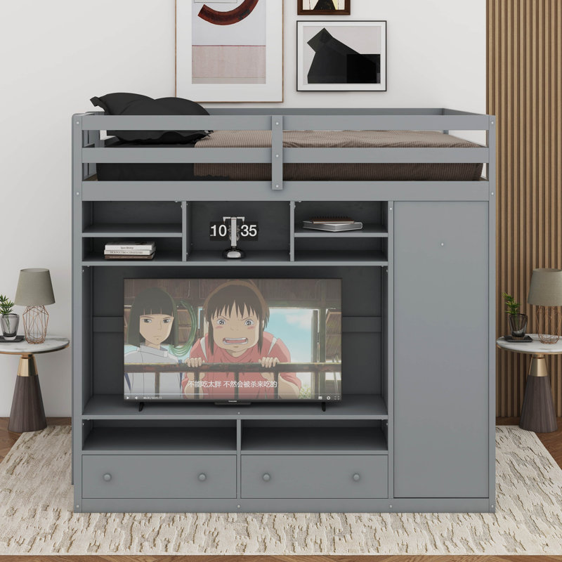Lit mezzanine double avec tiroirs, tablettes et lumière, Gris