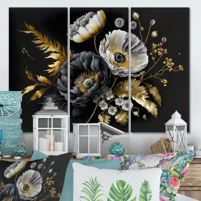 «Golden Gothic Floral Bouquet II», reproduction sur toile 3 pièces