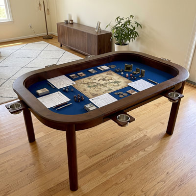 Solid Wood Board Game Table W/ Removable Top, D&D/Puzle Table W/ Game Mat, 6 Cup Holders, 62" Rectangle Dining Table For 4-6