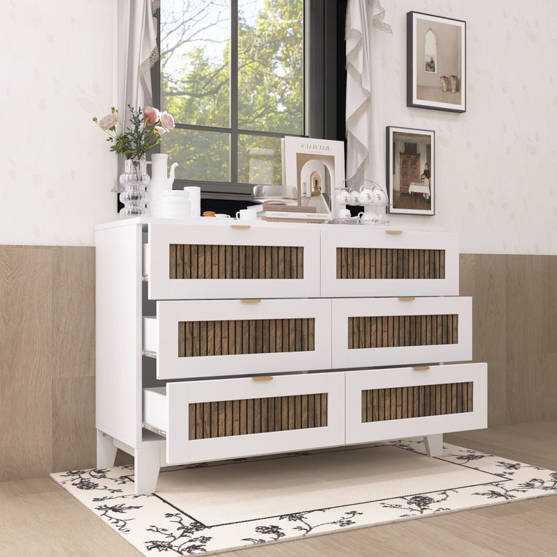 Rustic Farmhouse Style Wooden Dresser With 6 Drawers, White