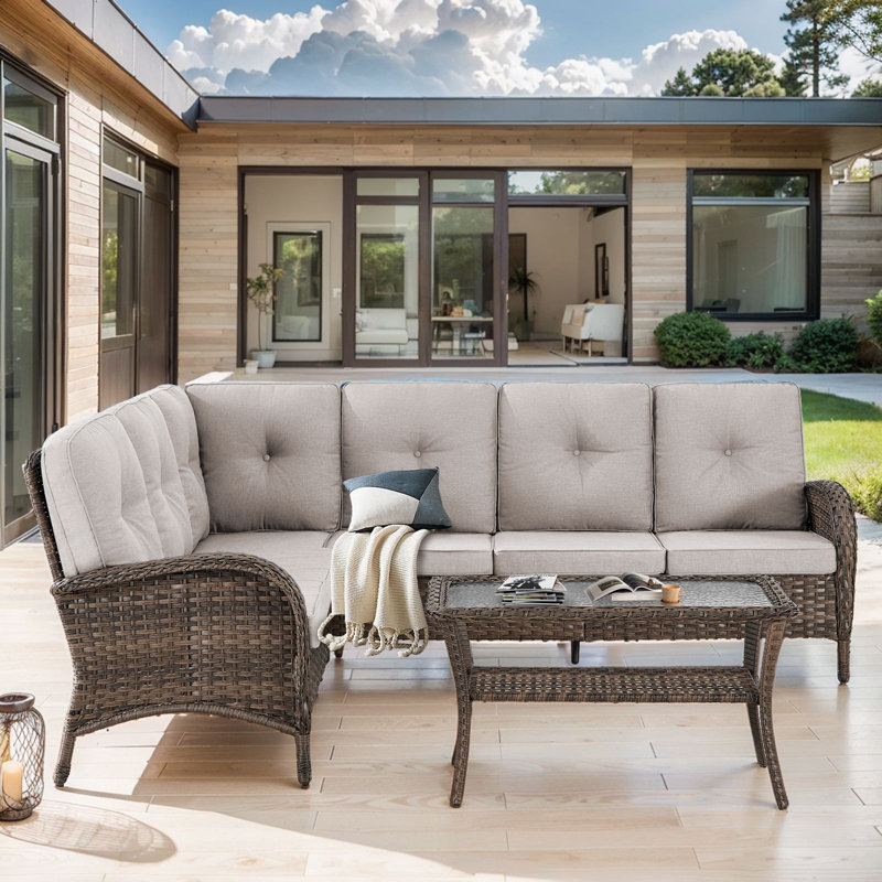 Valierius L-Shaped Outdoor Sectional Sofa And Coffee Table Set, PE Wicker Couch With Water-Resistant Olefin Cushions