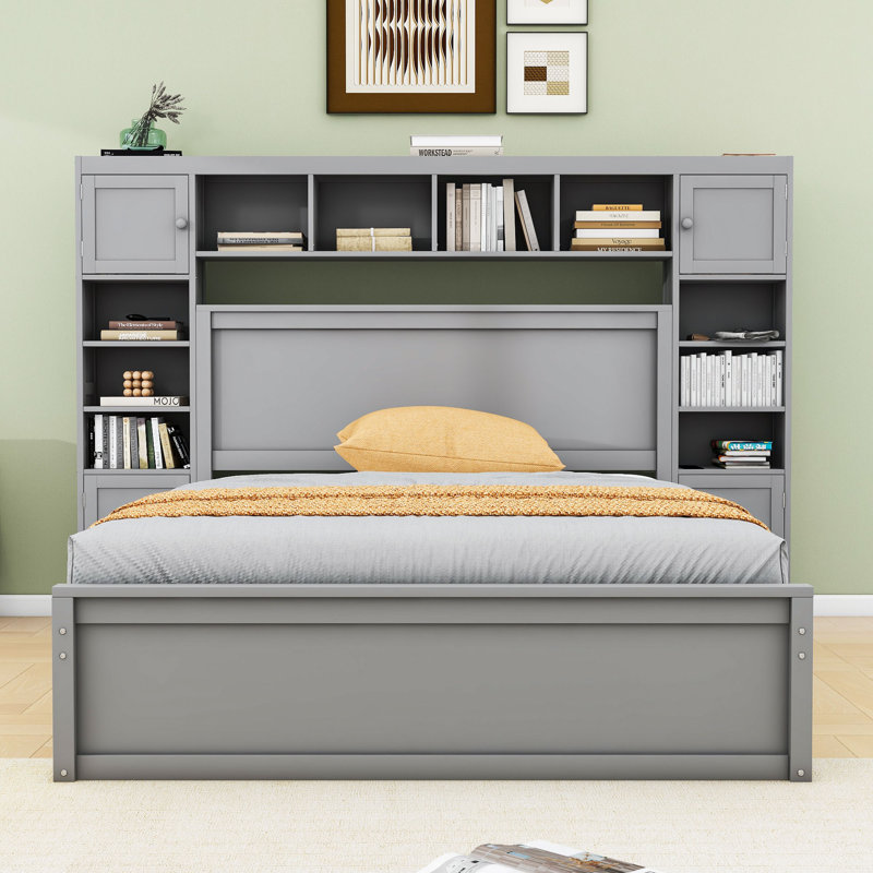 Lit plateforme en bois avec prises intégrées et amplement de rangement, Gris, Grand lit